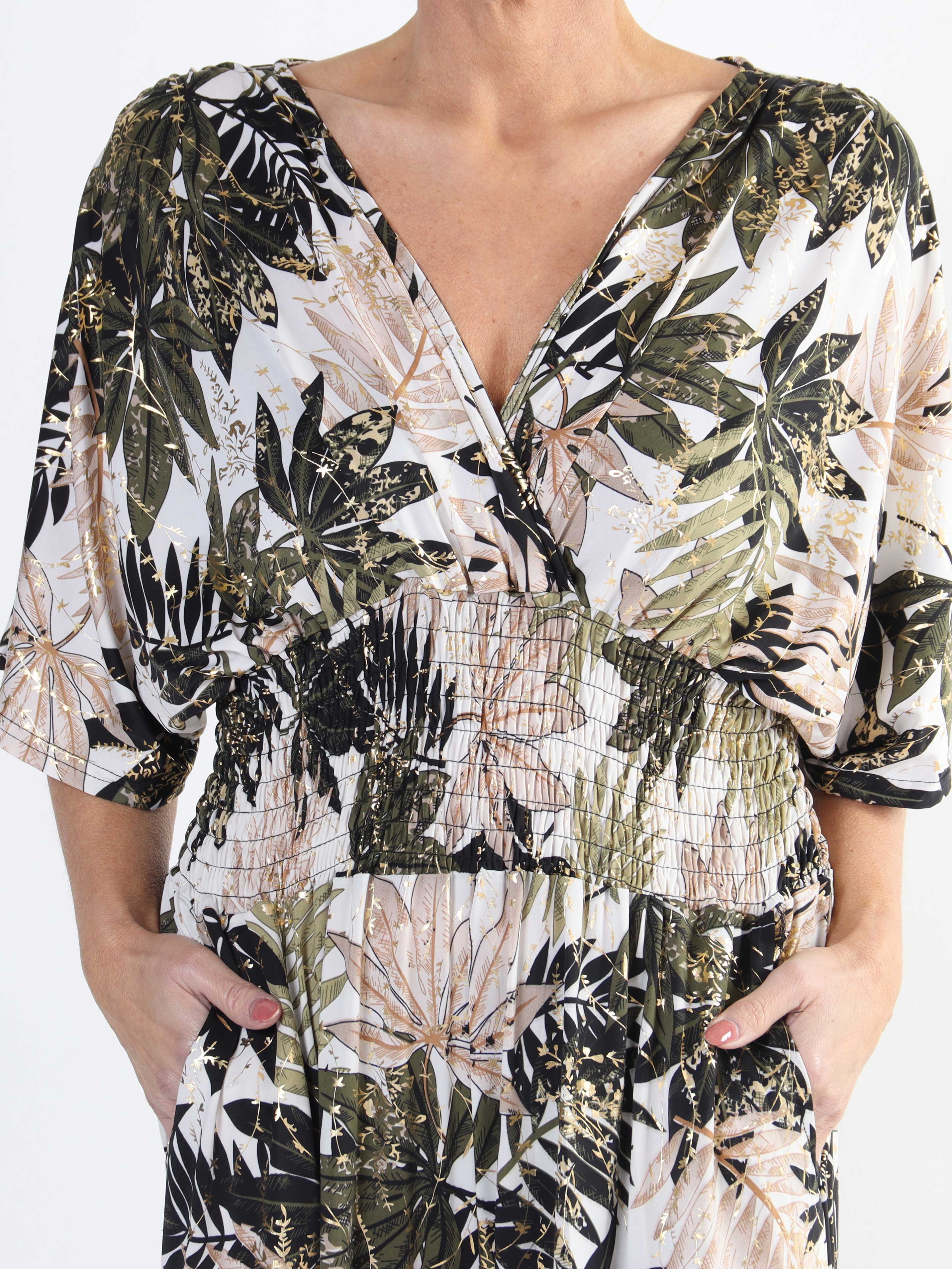 Pams Leaf Jumpsuit - Elastisk plus size buksedragt med bladmønster